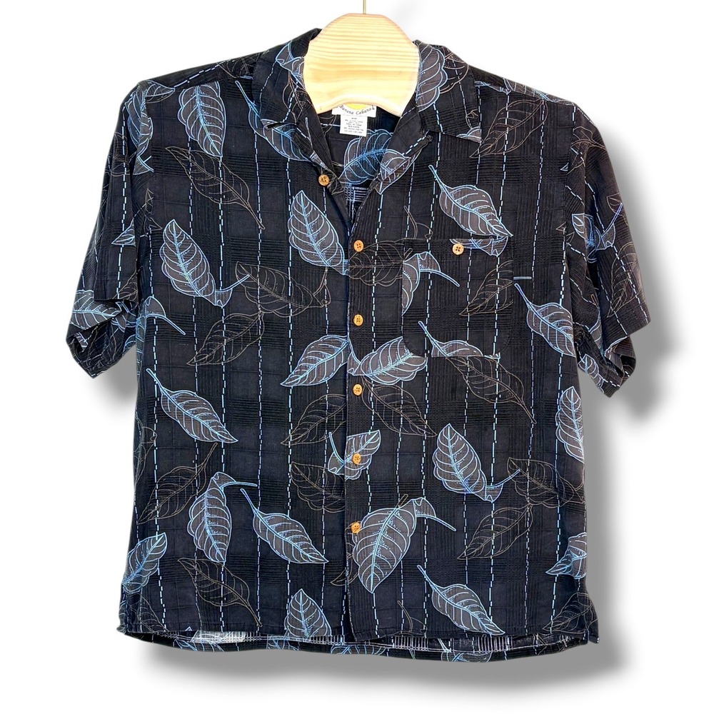 Banana Cabana Shirt XL Black Silk‎ Leaf Print Short Sleeve Camp Collar Button Up